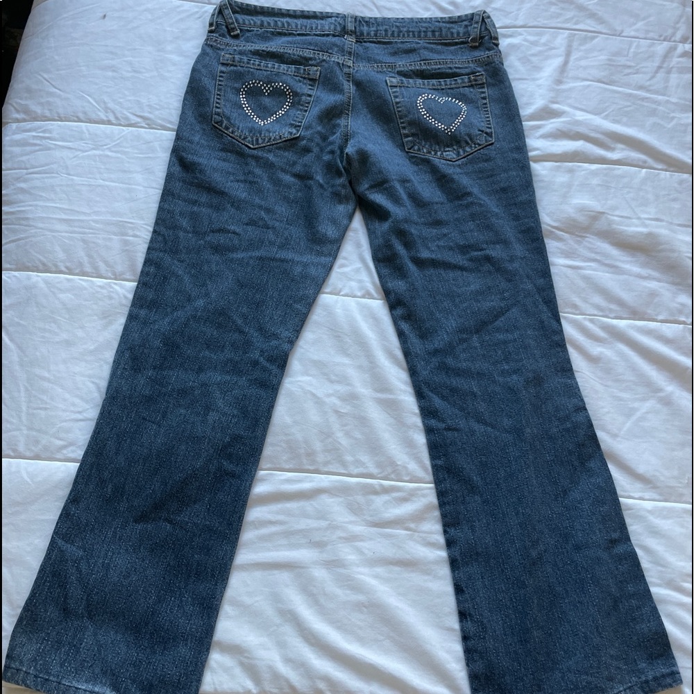 Y2K denim straight leg pants with heart butt pocket details
